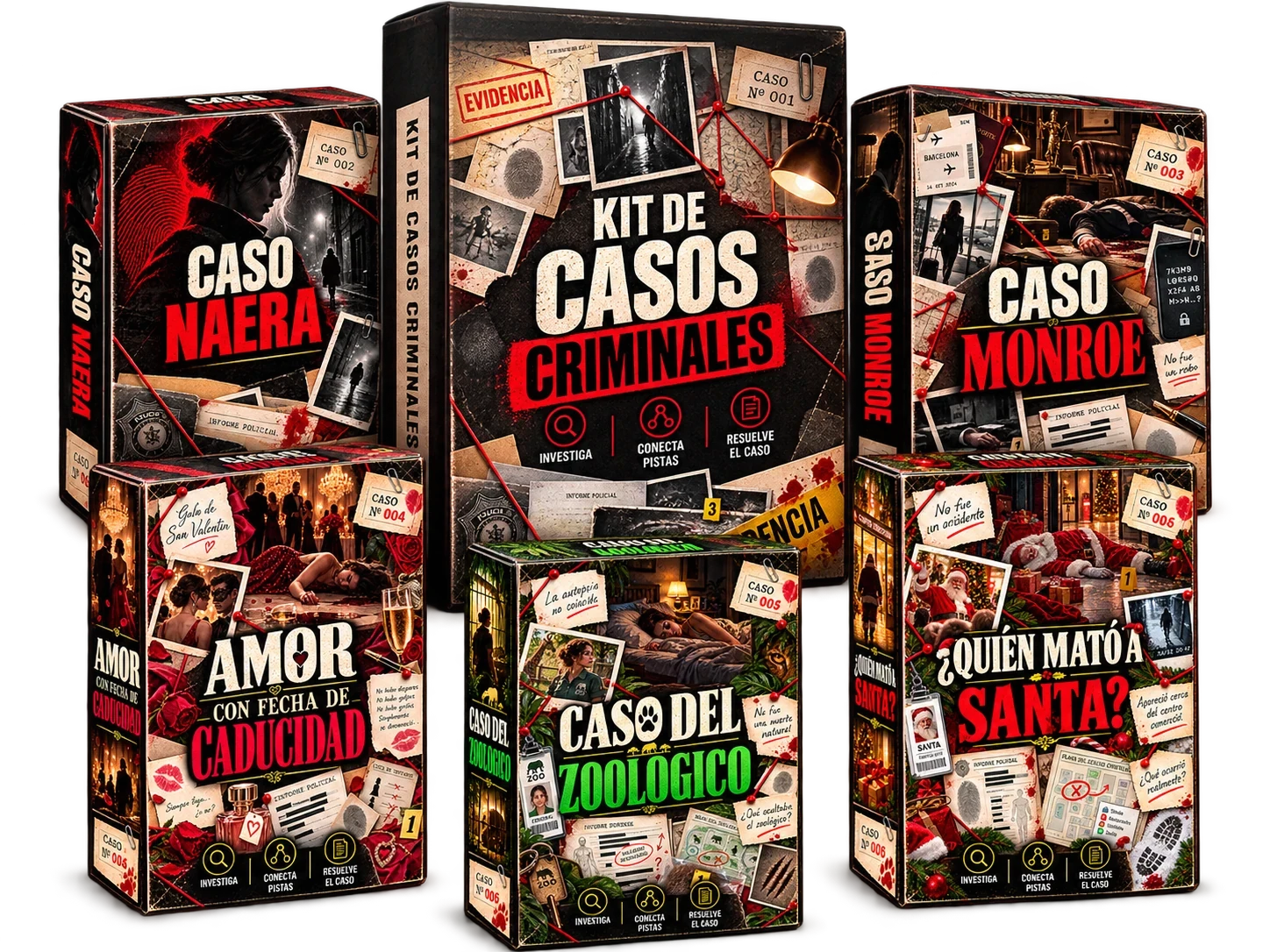 Colección Kit de Casos Criminales: cinco cajas de investigaciones, incluyendo Naera, Monroe, Amor con fecha de caducidad, Zoológico y Quién mató a Santa